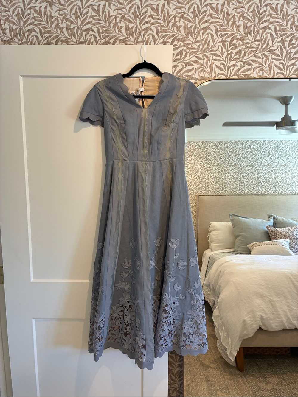 Miss Rosier Amalia Blue Scalloped Floral Embroidered Midi Dress